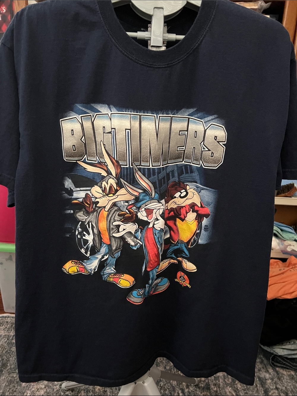 Vintage 2003 Looney Tunes Big Timers Graphic T-Shirt Navy Blue Y2K Rap Tee XL
